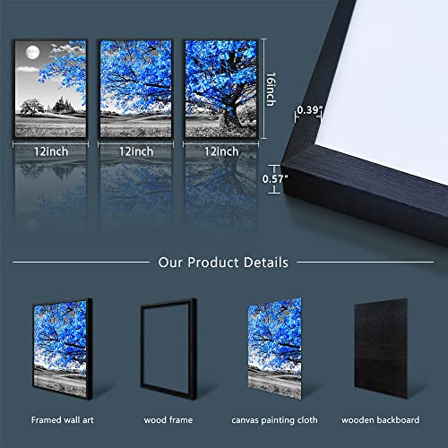 Image of Black Framed Wall Art for Living Room & Bedroom - Blue Tree Wall Paintings, Modern Home Decor - 12 inchX16 inch Set of 3 Piece Framed Art Prints