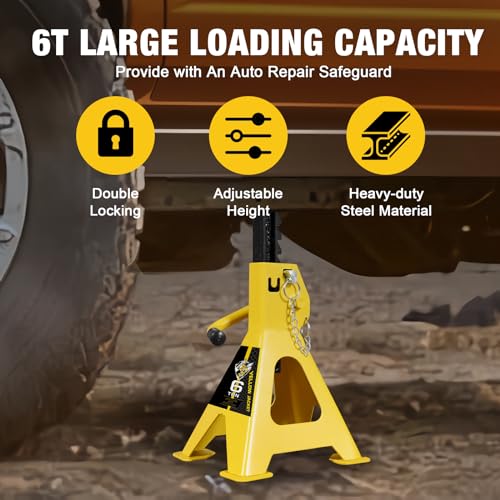 Image of YELLOW JACKET Jack Stands 6 Ton with Double Locking and Large Foot Base for Lifting SUVS, Heavy Duty Steel, 13000 lb Capacity, 1 Pair, Yellow