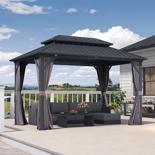 PURPLE LEAF Tonnelle de Jardin Exterieur Aluminium 3,65 x 2,4 m, Pergola Jardin Exterieur à Double Toit Rigide en Acier Galvanisé, Pavillon avec Rideaux et...