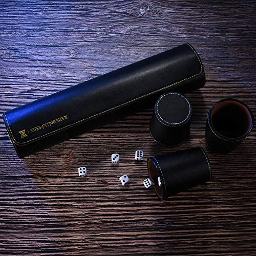 Leather Dice Cup Set, 5 Black Leather Dice Cups + 25 Dice + Exclusive Storage And Transport Case Made Of Faux Leather With Magnetic Closure #TOP3