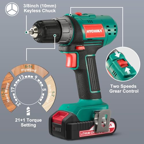 Cordless Drill Driver and Impact Driver 20V, HYCHIKA Drill Combo Kit, 2x2.0Ah Batteries, 1H Fast Charging, 22PCS Accessories for Drilling Wood, Metal and Plastic - image 2