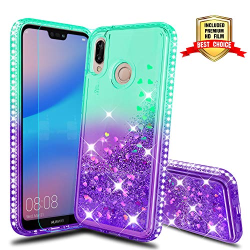 Atump Funda Huawei P20 Lite/Huawei Nova 3E Glitter Fundas Líquido Silicona TPU Antichoque Fundas de teléfono + Protector de Pantalla HD para teléfonos móviles P20 Lite Green/Purple
