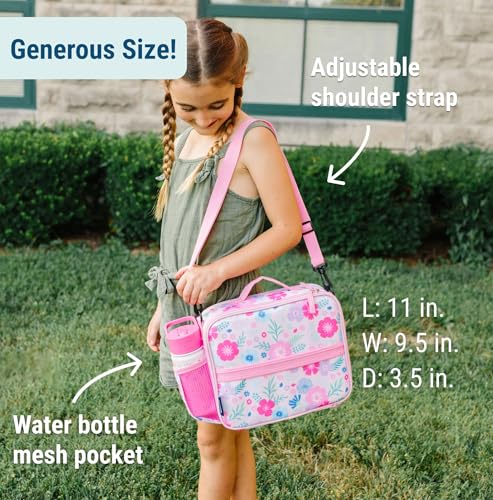 Image of Wildkin Kids ECO rPET Insulated Lunch Box - Keeps Food Hot or Cold, Easy-Clean Lining, Mesh Pockets & BPA-Free - Boys & Girls, Ideal for School, Travel & Daycare - Pink Floral Bloom