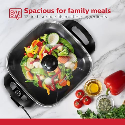 Image of VBM Multi-Functional Electric Hot Pot Skillet with Vented Glass Lid Frying Pan Nonstick Cooking Sauteing, Simmering and Braising 1400W Temperature Control Non-Stick Coating Cooker For Kitchen