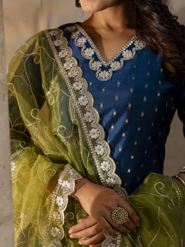 Image of VredeVogel Women's Chanderi Silk Embroidered Kurta with Pant & Organza Dupatta Set | Casual Outfit Ethnic Kurta Set for Women | Modern & Traditional Blend Ethnic Wear