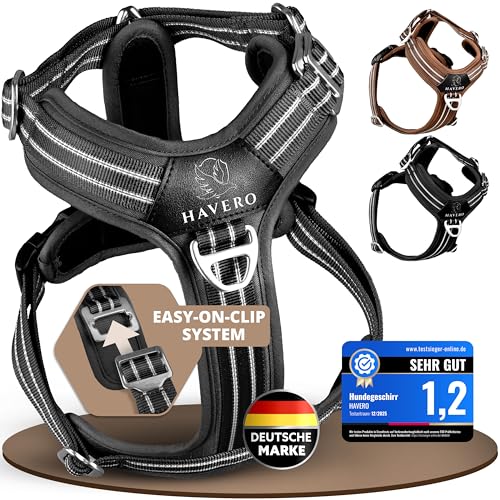 HAVERO Hundegeschirr Easy-On-Clip – [Kein Überkopfziehen] | Anti-Zug Y-Geschirr Gepolstert Reflektierend Atmungsaktiv Brustgeschirr – kleine, mittelgroße & Grosse Hunde Geschirr (Schwarz, L)
