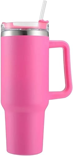 Vaso de 40 onzas con asa y pajilla, reutilizable, de acero inoxidable, con aislamiento térmico, para bebidas frías y calientes (rojo rosa)
