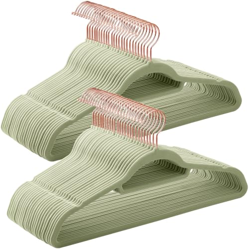 SONGMICS Velvet Hangers, Set of 50, Non-Slip, Space-Saving | Clothes Hanger, Rose Gold Swivel Hook, 0.2 Inch Thick, 17.1 Inch Long, Lime Green, BREANNA Collection UCRF021GR50