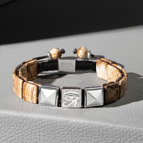 Men's Flatbead Bracelet with Sterling Silver Centre Charm Braided Bracelet Natural Gemstones Gift for Men (9.5mm Stone), 5.7"-7.5"2