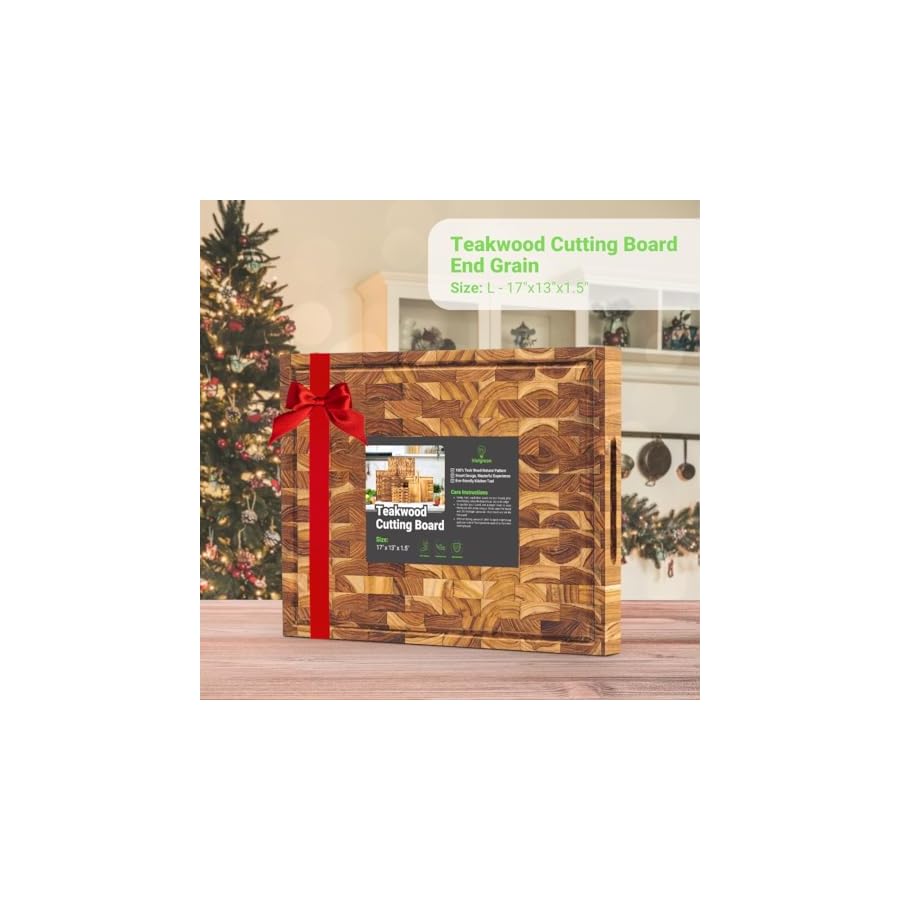 VIETGREEN Durable Teak wood End Grain Cutting Board Sturdy Reversible Teakwood Chopping Board Non-slip Natural Pre-oiled Cutting Board Gifts Sustainable Wooden Carving Board for Kitchen