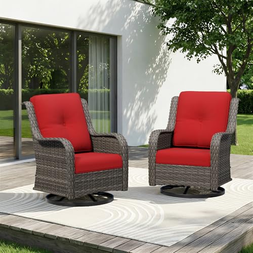 Image of Swivel Rocker Patio Chairs Set of 2 - Outdoor Wicker Patio Furniture Set 2 Pieces with Thickened Olefin Cushions, High Back and Deep Seating, Hand-Woven PE Rattan for Porch, Deck, Red