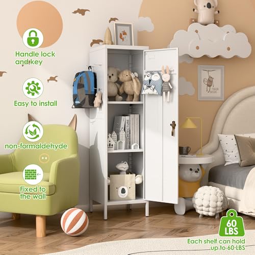 Image of Aobabo Metal Locker, 54 inch H Metal Storage Locker for Employees, Lockable 1 Door with Towel Rack and 2 Side Pegboards with Hooks for School Office Gym Home, Assembly Required (White)