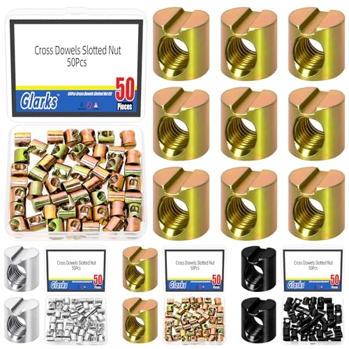 Glarks 50pcs M6 x 10mm Zinc Plated Barrel Cross Dowels Ranura de tuerca, tuerca de barril pesada, tuerca incrustada de martillo para tornillos de muebles, camas, cunas, sillas, reemplazo de hardware