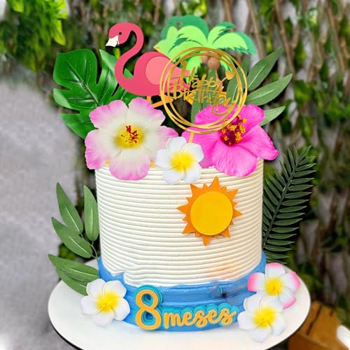 Drwate GCMGO100020 14 Pcs Flamingo Cake Toppers Artificial Flower Palm Leaves Cake Decoration For Birthday Summer Tropical Hawaiian Themed Party Supplies thumb #2