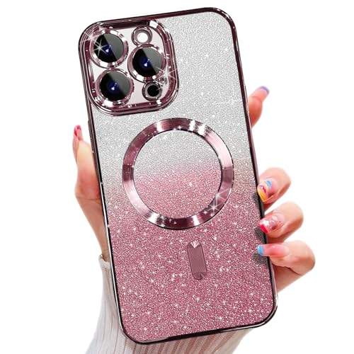 Image of Misscase for iPhone 15 Pro Magnetic Glitter Case Compatible with MagSafe,Camera Lens Protector Full Protection Elegant Anti-Scratch Dust-Proof Net Case Cover for iPhone 15 Pro Pink