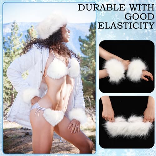 Ramede 4 Pcs Women's Faux Fur Bikini Bra Top Fur Headband Wrist Cuffs Bikini Panties Set Furry Suits for Women Swimsuits3