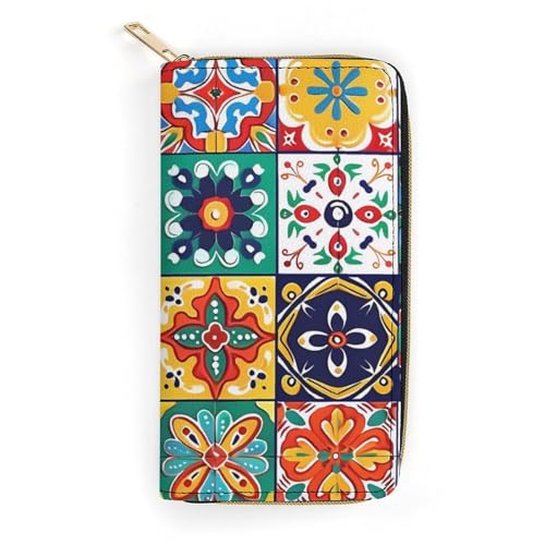 Mexican Talavera Italian Pottery Wristlet Wallets for Men Women Leather Purse Clutch Cute Card Holder