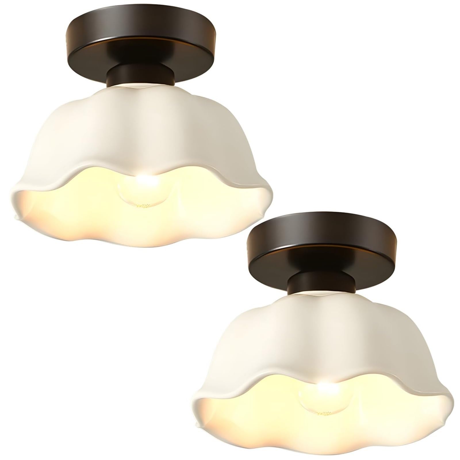 KHUKHU 2 Pack Industrial Semi Flush Mount Ceiling Light - Vintage Milk Glass, Black Hallway Fixture for Small Laundry Room, Bathroom - Classic Lamp
