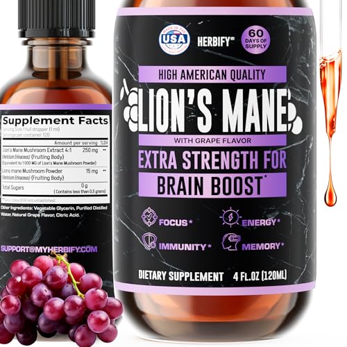 Image of HERBIFY Lions Mane Supplement - Daily Mushroom Supplement for Memory, Focus & Clarity - Brain Booster - Lions Mane Tincture for Immune Support - 4 Fl oz Grape Flavor