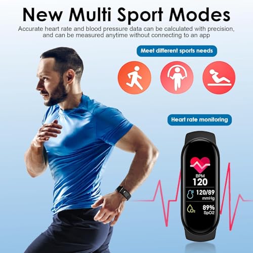 Fitness Activity Trackers with All-Day Heart Rate Blood Pressure Blood Oxygen Sleep Monitoring Step Running Calorie Counter IP67 Waterproof Pedometer Sports Watch for Women Men Kids Seniors Black - Image 3