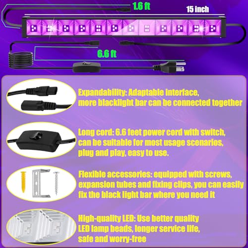 Image of 4 Pack 45W Series-connectable LED Black Light Bar, Scalable Blacklight with 6.6ft Cord+Switch, Each Light Up 26x26ft Glow in The Dark for Halloween Party Birthday Body Paint Fluorescent Poster