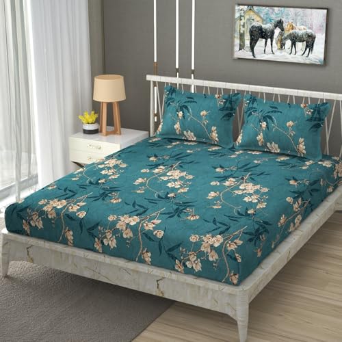 Image of Vaini Premium Heavy Cotton Elastic Fitted Bedsheets with 2 King Size Pillow Covers || Double Bed with All Around Elast (Green Flower, King (90x100Inch Flat))