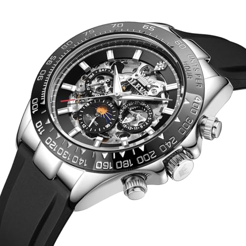 Image of OLEVS Self Winding Watches for Men Automatic Mechanical Skeleton Luxury Dress Waterproof Moon Phase Tourbillon Chronograph Stainless Steel Luminous Wristwatch