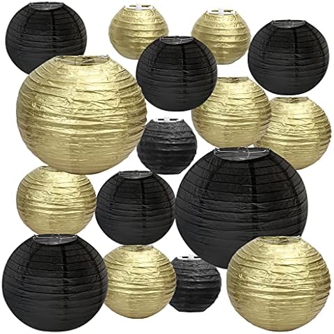 Black Gold Paper Lantern, Fennoral 20pcs Chinese Round Lanterns 2023 Happy New Year Paper Lampshades for New Year Party NYE Family Gathering Garden Hanging Decor (Assorted Sizes) Cover