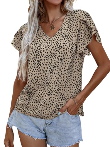 GORGLITTER Damen Bluse Leopardenmuster Blusentop V Ausschnitt Kurzarm Oberteile Petal Ärmel Sommerblusen Elegant Blusenshirt Sommer Freizeitbluse Casualbluse Khaki M