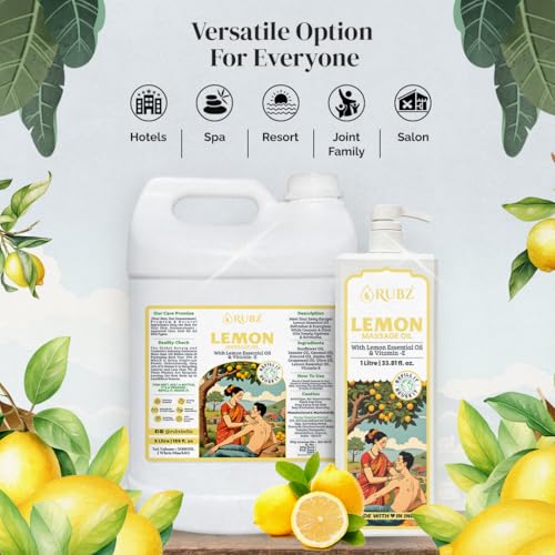 Image of Rubz Pure Lemon Massage Oil Infused With Natural Lemon Extract | Refreshing Citrus Scent To Relieve Tension And Moisturize | Refreshing, Hydrating & Aromatic Oil | 1 Litre