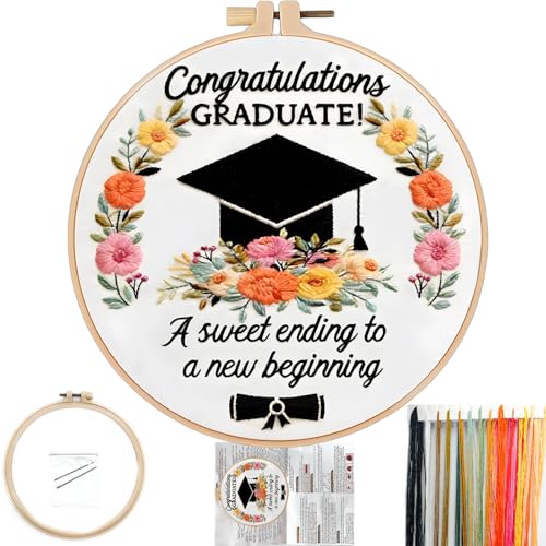 Image of FONNUY Graduation Embroidery Kit, Floral Grad Cap Design Cross Stitch Kits for Beginners, Handmade Crafts with Printed Patterns for Beginner Adults, Color Thread Needlework, 8'' Hoop (Flower)