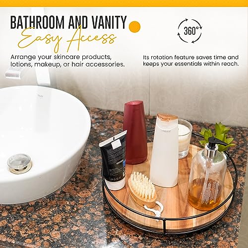 Decorstation Wooden Lazy Susan Organizer, 12.5 Inches - Round Lazy Susan For Table, Artistic Acacia Wood With Sturdy Black Steel Bar - 360 Degree Smooth Rotating – Suitable For Countertops & Cabinets #TOP7