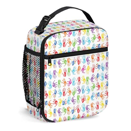Bolsa de almuerzo colorida, lonchera aislada, lonchera reutilizable, para mujeres, hombres, trabajo, picnic, camping, pintura de acuarela con huella de mano humana, lonchera portátil para adultos, mul