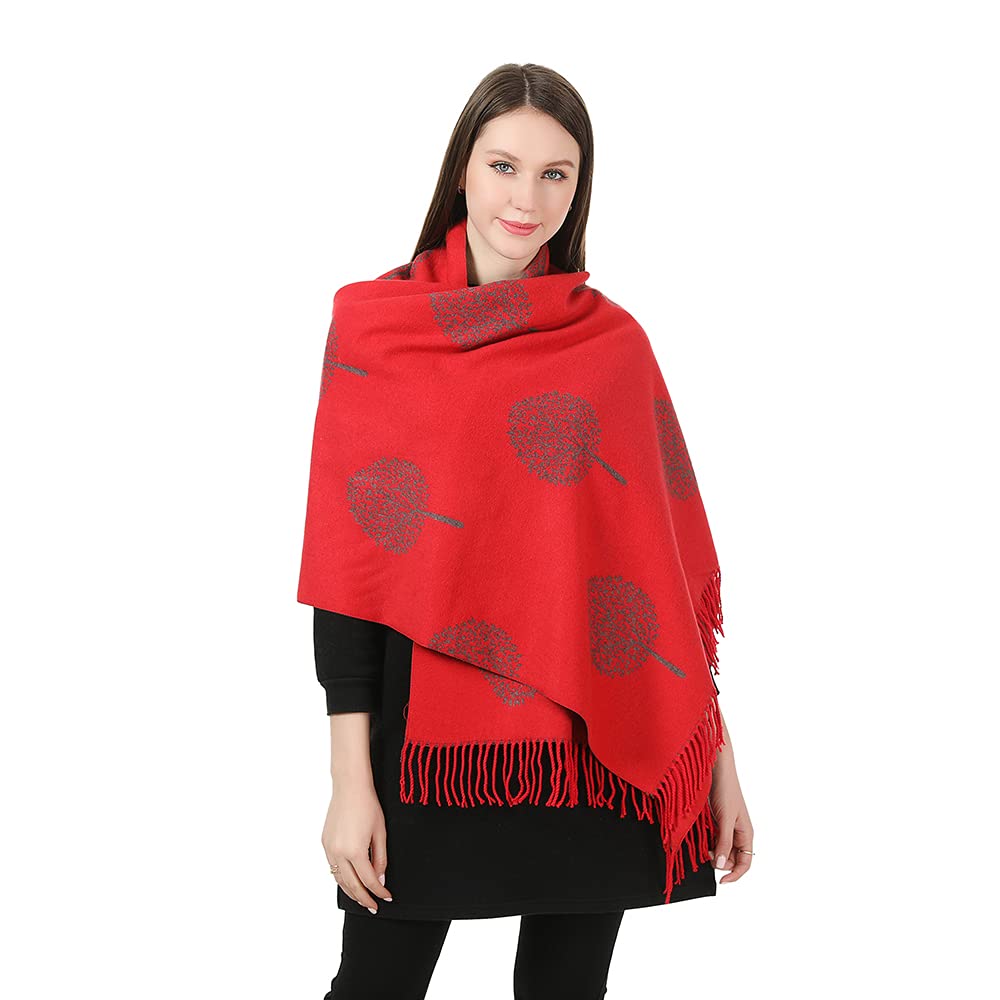 London Scarf Mulberry Tree Scarf Reversible Long Cashmere Soft Women Ladies Tree Of Life (Red/Grey)