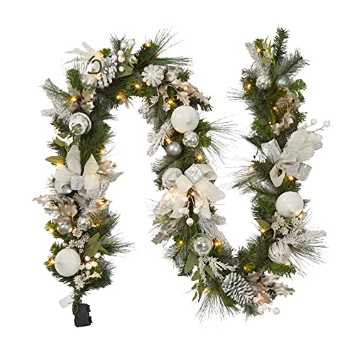 GarveeHome Prelit Christmas Garland for Mantle, 9 Ft Battery Operated Xmas Garland with Lights Silver White Ball Ornaments Pine Cones for Fireplace Front Door Stairs Railing Indoor Outdoor Decor