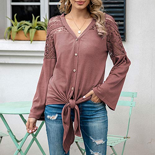 Eastdall Nó Frontal,Camisa feminina de malha cardigã waffle oco com gravata nó manga larga com decot