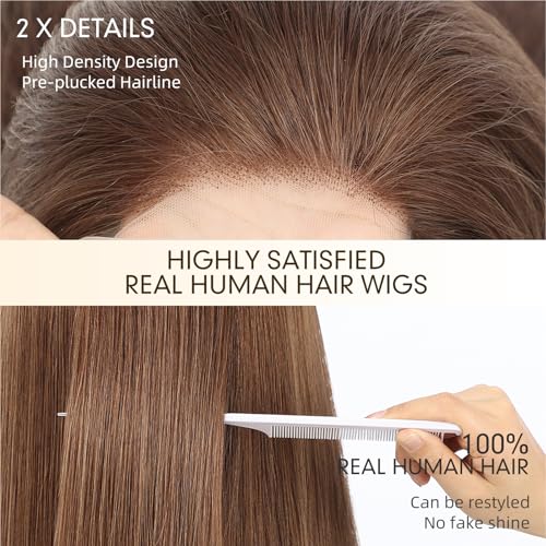 Image of KKU 100% Human Hair Wig, Lace Front Wigs Human Hair Side Part,Brown Wig Human Hair, Real Human Hair Wigs for Women(16Inch)