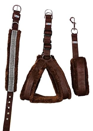 Skora Nylon Brown fur 1 Inch Medium Dog Harness, Dog Collar & Leash (Chest Size : 26-30 inch)