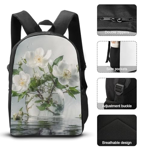 3 Piece Backpack for Women Men Lightweight Causal Daypack Shoulder Bag Set with Insulated Lunch Bag And Pencil Case Organizers White Flowers And Green Leaves3