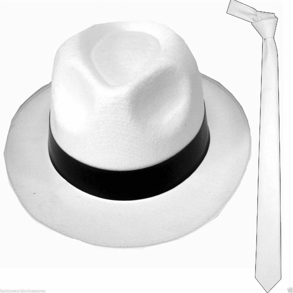 ANZEE Michael Jackson Hat, Sequin Glove & Sunglasses With Bow Tie Set Pop Star, Gangster Cosplay Party Fancy Dress Costume Accessories (White Hat+Tie)