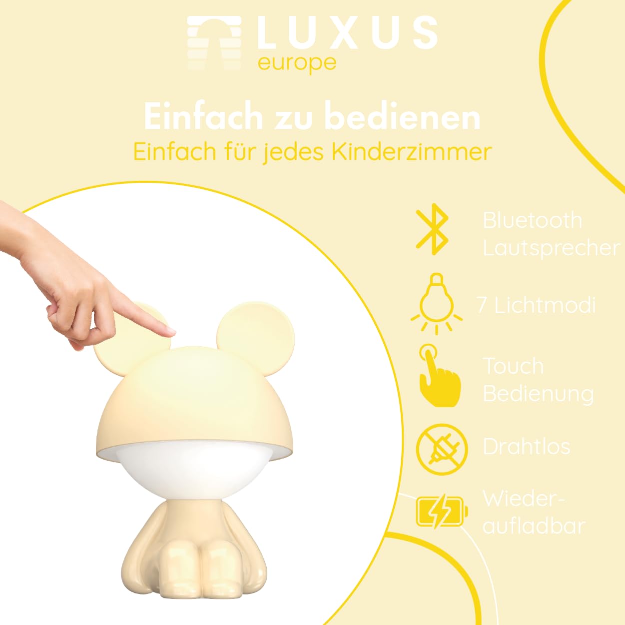 Luxus Europe - Veilleuse enfant Mouse Crème - Veilleuse LED sans fil pour enfants – Rechargeable par USB-C – 7 couleurs RGB – Lampe de table pour chambre d’enfant