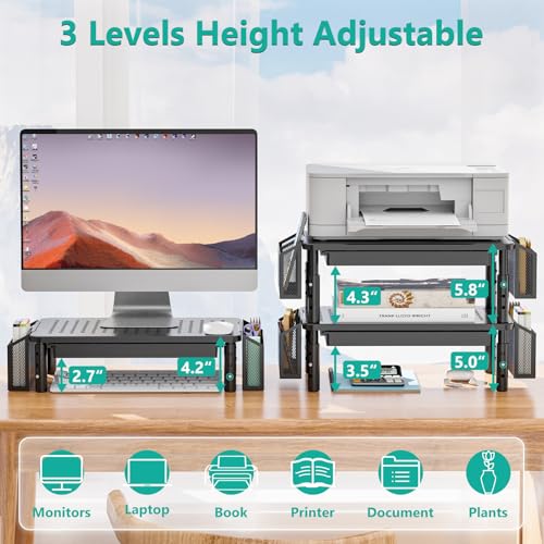 Image of WALI Computer Monitor Stand with Storage, Desk Organizer with Drawer and Pen Holder, Desk Monitor Riser 3 Height Adjustable, Laptop Riser for Computer, Laptop, Printer (STT003DH-B), 1 Pack, Black