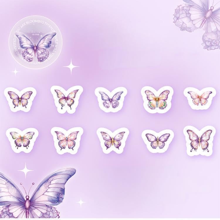 100 Pcs/Roll Purple Butterfly Washi Tape Stickers – Aesthetic Masking Tape Set for DIY Journals, Planners, Scrapbooking, Envelopes, Greeting Cards, Decorative Crafts, Cute Stationery Supplies（Style：B）