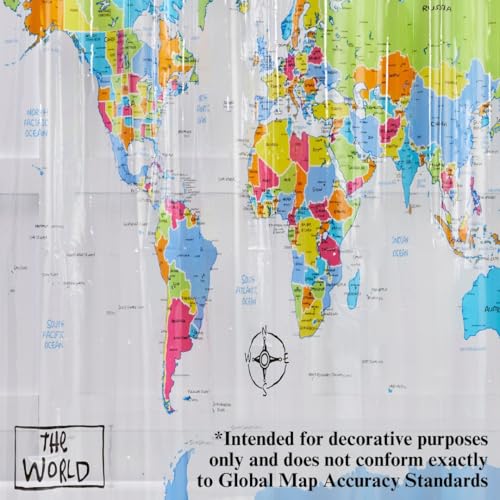 Image of SKL Home The World Map Waterproof PEVA Shower Curtain, Clear /Multi