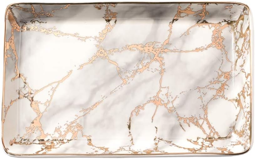 Golden Striped Marble Plate - Ceramic Jewelry Tray, Ring Holder, Bracelets Plate, Dessert Dish - Perfect for Holding Small Jewelries, Rings, Necklaces, Earrings, Bracelets, Cosmetics, etc. (8x5in)