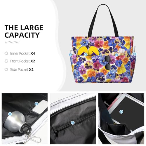 The Garden Tricolor Pansy Flower Print Large Beach Tote Bag for Women Extra Large Capacity Sandproof Waterproof Pool Bag Suitable for Swimming Pool Gym Groceries Travel3
