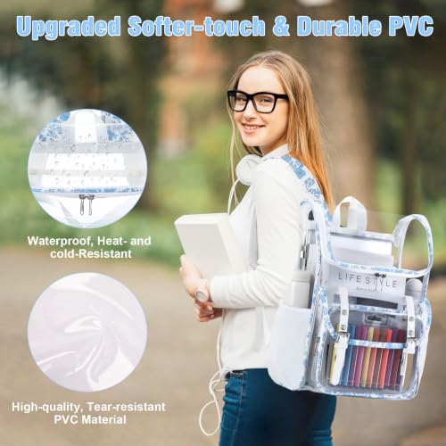 Image of DIGOBAY Clear Backpack with Lunch Bag, Corduroy Clear Bookbag Heavy Duty | Thick PVC Clear Backpack for Girls Women See Through Transparent Backpacks for Stadium Events College Travel Work, BlueFloral