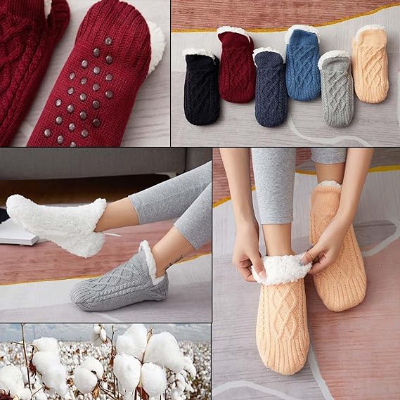 Indoor Non-Slip Thermal Socks,FleeceSox - Fleece-Lined Non-Slip Thermal Slippers Socks,V-Mouth Fluffy Slipper Socks 5