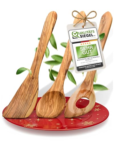 FEINHOLZ® Kochlöffel Holz Set aus Olivenholz im 3er Pack - Made in Germany - Pfannenwender, Risottolöffel & Holzlöffel - Nachhaltig & aus Europa -...