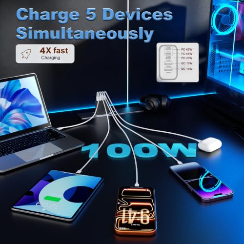 Image of USB C Charger Block, 2-Pack 100W 5-Port USB C Wall Charger iPhone Charger Fast Charging PD Power Adapter+QC Wall Plug Multiport Type C Brick Chargers for iPhone 17 16 15 14 13 Pro Max,Samsung,MacBook